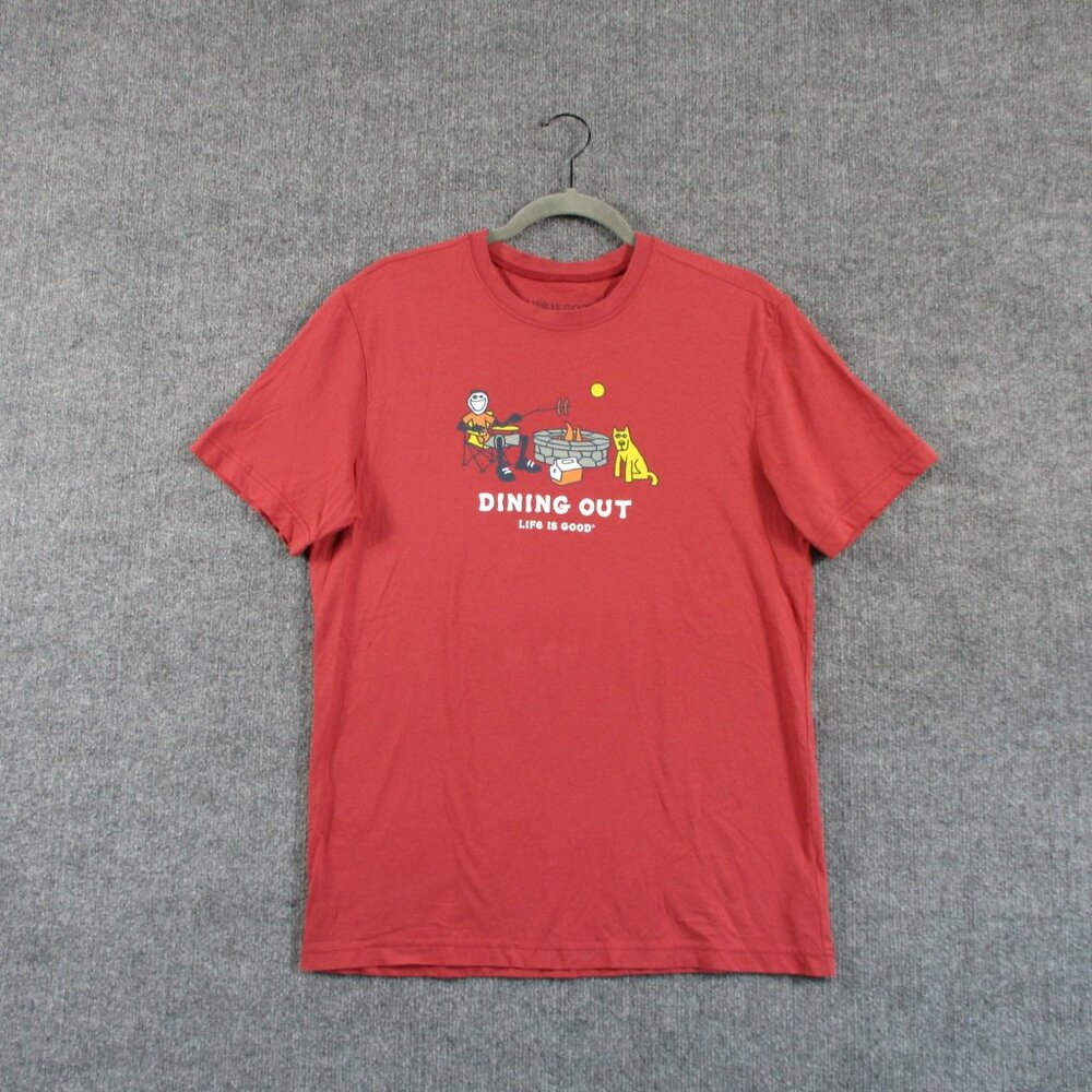 Life Is Good Shirt Mens Small Red Burgundy Campfire Dog Outdoors Preppy Hike Tee